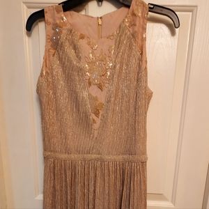 Tahari Embroidered Metallic-Gold Pleated Midi Dress - Size 4